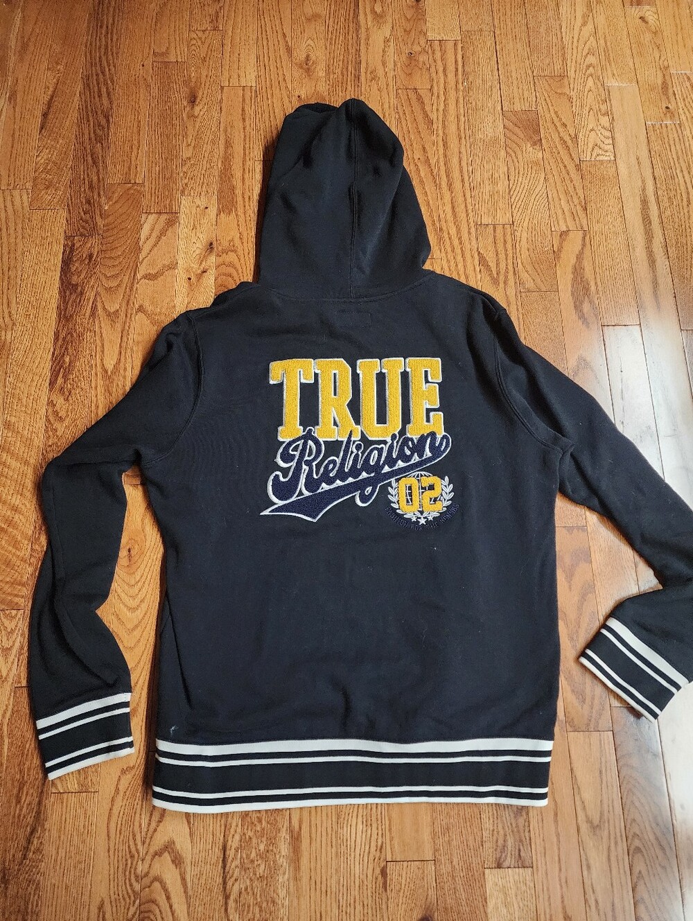 True Religion Black Hooded Zip-Up Sweater with Yellow & White Logo